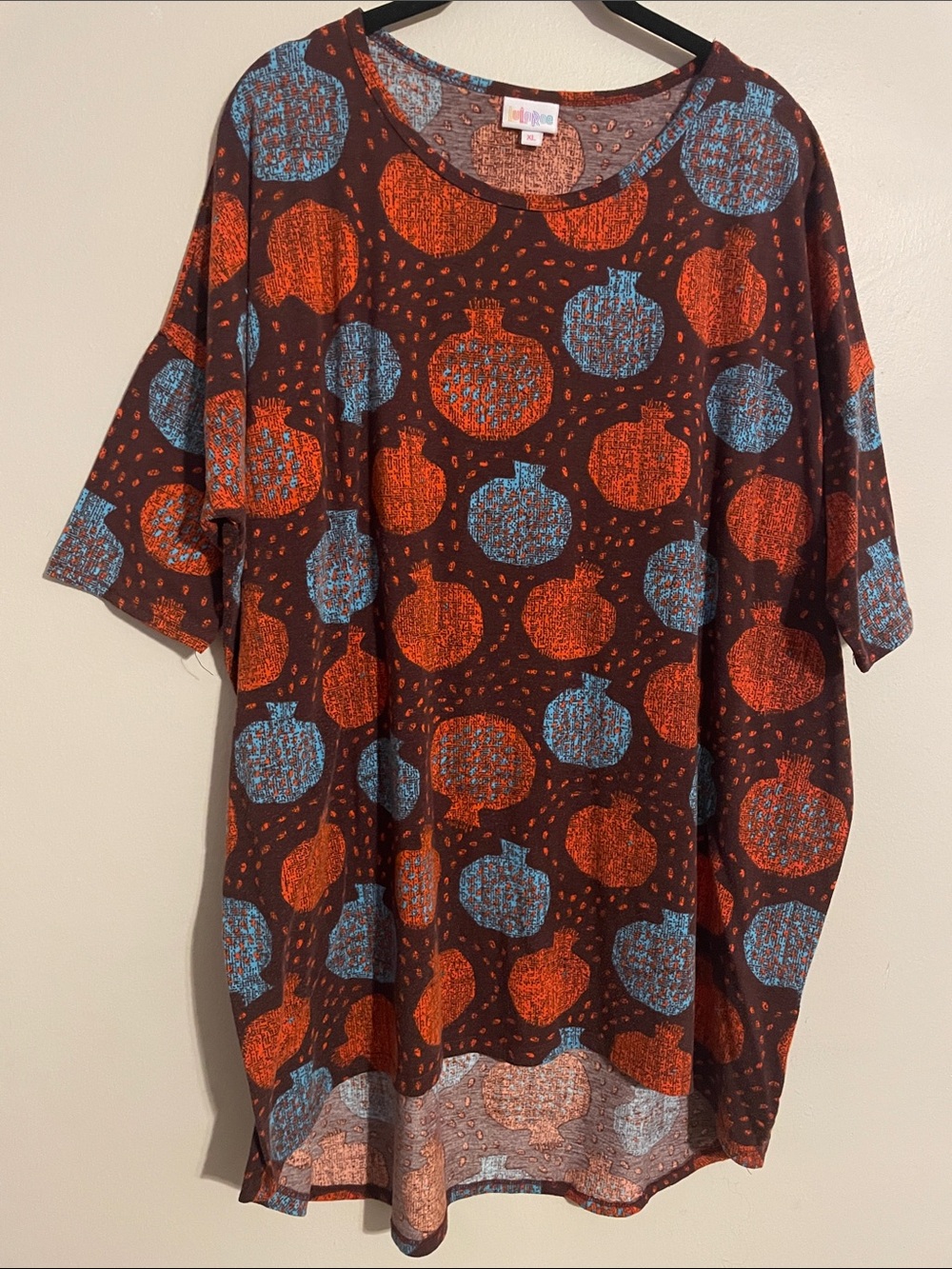 LuLaRoe Brown Tunic with Blue & Orange Pomegranate Motif
